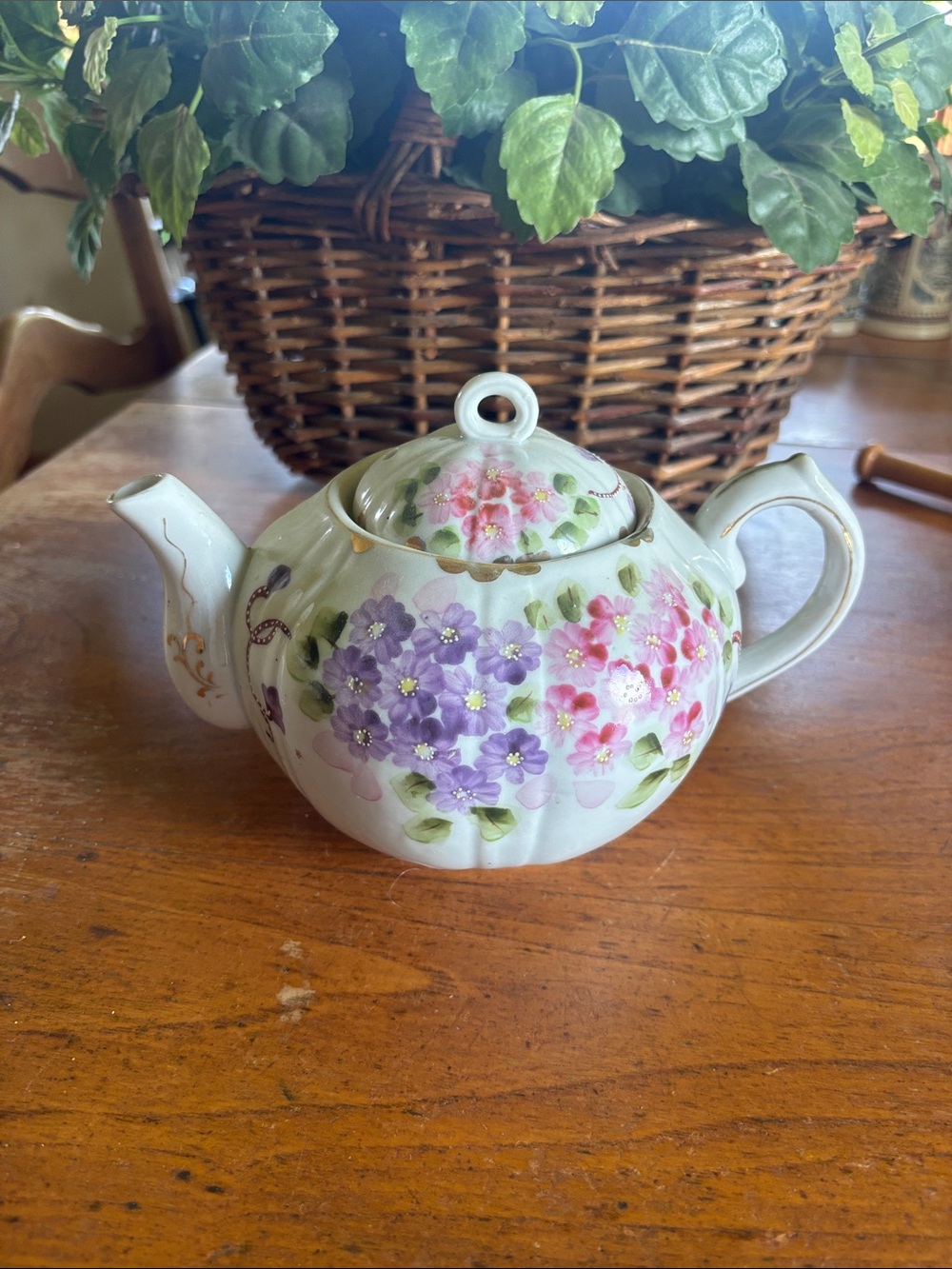 Vintage made in Japan porcelain hand painted floral teapot with gold trim
